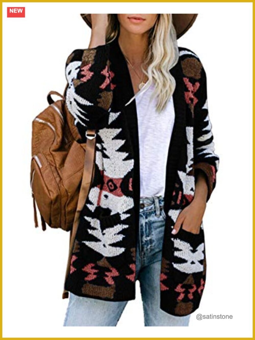 Aztec Open Front Cardigan, Lightweight Knit Slouchy Sweater with Pockets